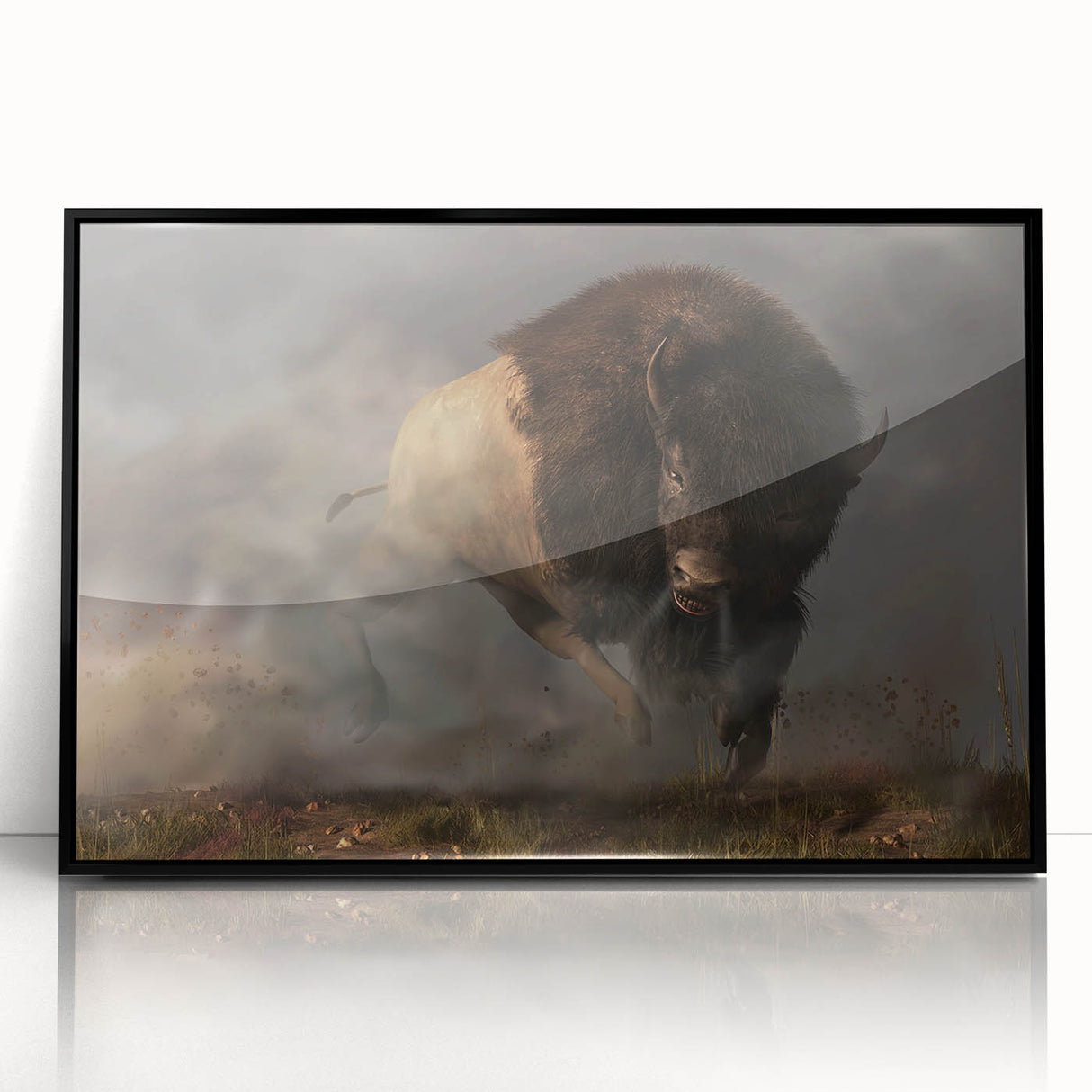 Framed wall art showcasing a stunning black and white design of a buffalo, highlighting intricate details and textures, perfect for wildlife enthusiasts' decor.