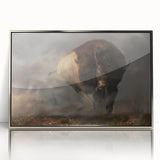 Framed wall art featuring a majestic buffalo in a striking silver frame, highlighting its detailed design and vibrant colors, ideal for wildlife enthusiasts.