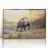 Framed acrylic wall art of a majestic buffalo, showcasing intricate design details in gold. Ideal for wildlife decor, enhancing home interiors with nature's beauty.