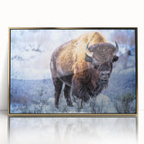 Framed wall art featuring a striking gold-accented design of a buffalo bison in a modern style, perfect for wildlife enthusiasts and home décor accents.