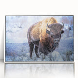 Framed wall art featuring a striking bison design, showcasing vibrant colors and intricate details, perfect for adding a bold statement to any wildlife-themed decor.