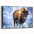 Framed canvas wall art depicting a black buffalo in profile, showcasing intricate details and textures, perfect for wildlife enthusiasts and home decor.