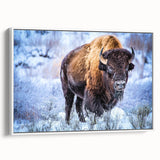 Framed canvas wall art showcasing a side view of a majestic bison against a white backdrop, perfect for wildlife enthusiasts and modern decor. Ideal for adding a touch of nature to any room.