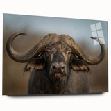 Side view of a stunning acrylic glass wall art piece featuring a wild buffalo design from the 'A Bison Design' collection, showcasing vibrant colors and intricate details.
