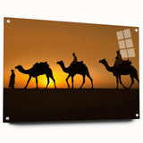 Side view of a modern acrylic glass wall art piece featuring a stylized camel design, showcasing vibrant colors and intricate details, perfect for animal lovers and home decor enthusiasts.