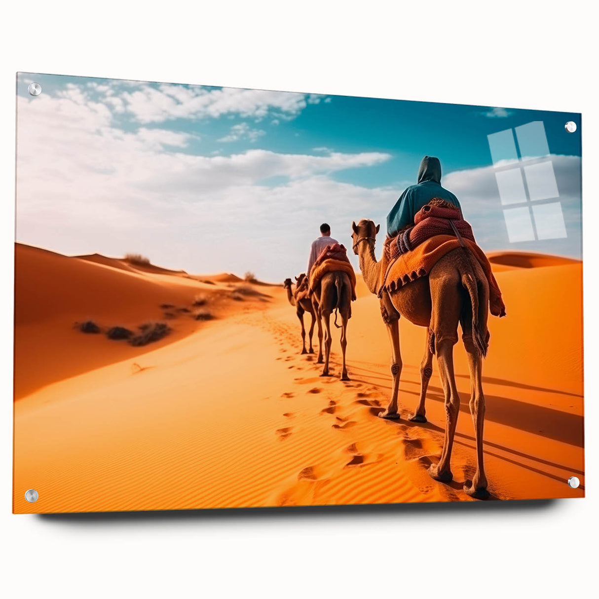 Side view of a camel design wall art piece from the "Animals A Wild Life" collection, crafted from acrylic glass with pin details, showcasing vibrant colors and intricate textures, perfect for home decor.