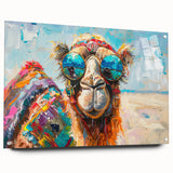 Side view of a modern acrylic wall art piece featuring a camel design, showcasing vibrant colors and intricate details, mounted with decorative pins for display. Perfect for animal-themed decor.