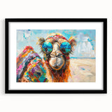 Stylish black-framed wall art featuring a vibrant camel design, showcasing intricate details and colors, ideal for enhancing modern living spaces or animal-themed decor.