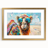 Framed wall art showcasing a camel design with intricate details, set in a gold frame with a mat, ideal for enhancing home decor with a touch of wildlife elegance.