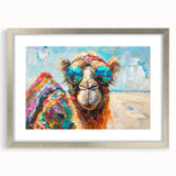 Framed wall art featuring a detailed camel design in silver, showcasing a wild animal theme with a mat. Ideal for home decor and nature-inspired settings.