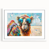 Framed wall art featuring a stylish camel design from a wildlife collection, presented with a white mat, perfect for home decor enthusiasts seeking unique animal-themed artwork.
