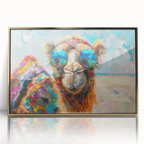 Framed acrylic wall art featuring a golden camel design in a front view, showcasing intricate details and vibrant colors, perfect for animal lovers and home decor.
