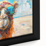 Close-up of a framed wall art piece showcasing a vibrant camel design set against a textured background, highlighting intricate details and warm colors, perfect for animal-themed decor.