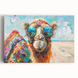 Stretched canvas wall art depicting a realistic front view of a camel in a desert setting, showcasing rich colors and intricate details for wildlife enthusiasts.