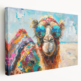 Stretched canvas wall art depicting a side view of a camel in a desert setting, showcasing warm tones and intricate details, ideal for animal-themed decor.