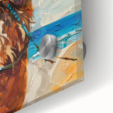 Close-up of a vibrant acrylic glass wall art piece featuring a detailed design of a camel, showcasing intricate patterns and rich colors, perfect for animal lovers and art enthusiasts.