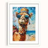 Front view of a framed wall art featuring a camel design, showcasing a minimalist aesthetic with a white mat and sleek black frame, perfect for animal-themed decor.