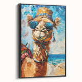 Framed black wall art featuring a side view of a stylized camel design, showcasing intricate details and rich textures, perfect for animal-themed decor.