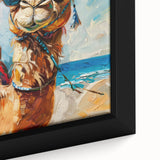 Close-up of a framed canvas wall art featuring a beautifully detailed camel design, showcasing intricate patterns and vibrant colors, perfect for wildlife enthusiasts.