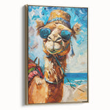Framed canvas wall art depicting a camel in a golden design, showcasing intricate details and textures, perfect for enhancing any modern or eclectic decor. This stylish piece adds a touch of wildlife elegance to living spaces.