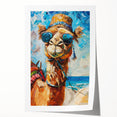 Camel-themed wall art print showcasing a stylized design featuring vibrant colors and intricate patterns, ideal for home decor enthusiasts and animal lovers.