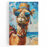 Stretched canvas artwork showcasing a detailed front view of a camel, designed for wildlife enthusiasts, featuring earthy tones and intricate textures. Perfect for enhancing home decor.