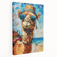 Stretched canvas wall art showcasing a side view of a majestic camel in a desert landscape, featuring warm earthy tones and intricate detailing, perfect for animal lovers.