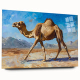 Acrylic glass wall art showcasing a side view of a camel in a wild landscape, featuring earthy tones and intricate detailing, perfect for animal lovers and desert-themed decor.