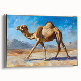 Framed wall art featuring a silver side view design of a camel, showcasing intricate details and textures, perfect for wildlife-themed decor.