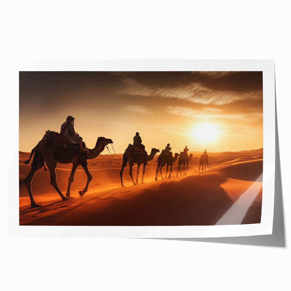 Camel wall art design showcasing a vibrant desert scene with intricate patterns and earthy colors, printed on high-quality canvas for decorative home display.