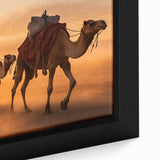 Close-up of a framed canvas wall art featuring a detailed camel design in a wild desert setting, showcasing warm earthy tones and intricate textures.