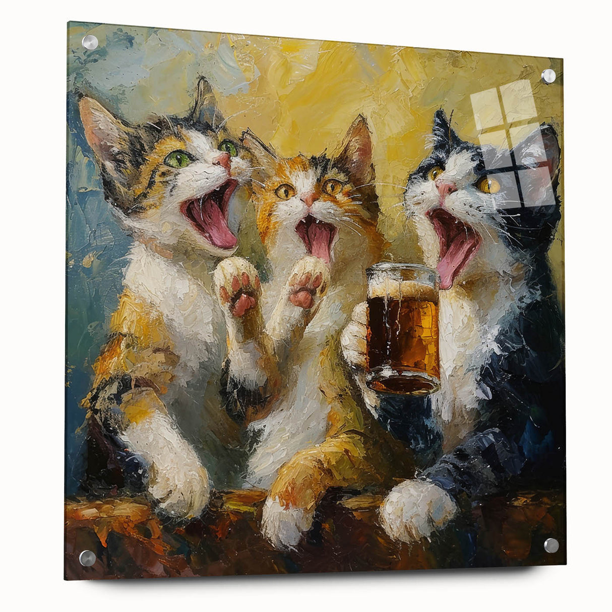 Colorful acrylic glass wall art featuring a whimsical cat design from the "Animals: A Wild Life" collection, displayed with pins against a neutral backdrop.