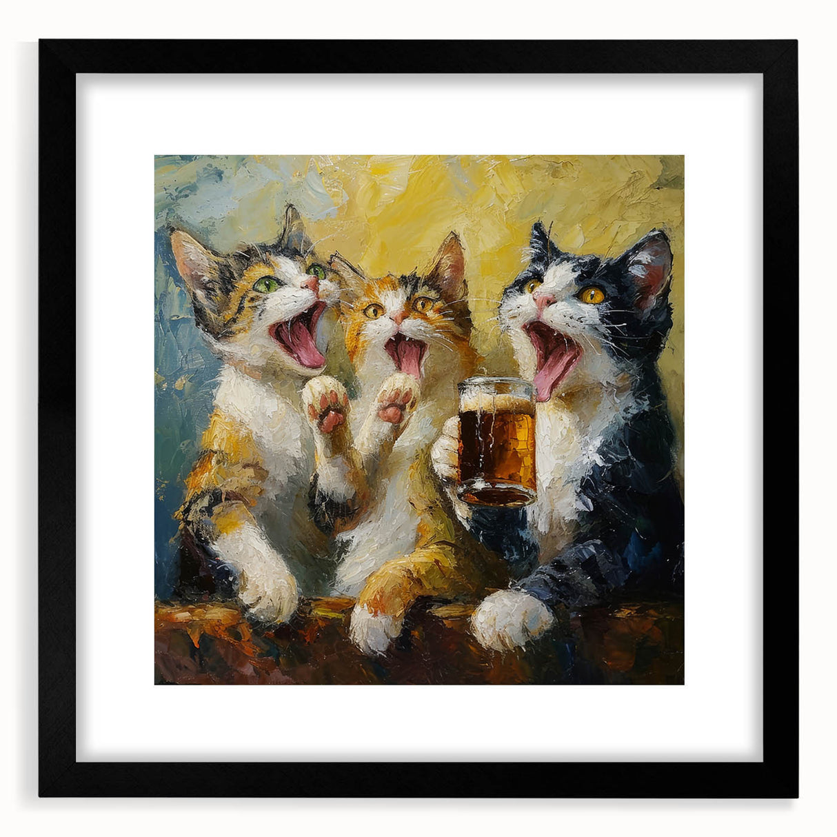 Framed wall art featuring a vibrant cat design in a black matte finish, showcasing a wild animal theme perfect for modern home decor. Ideal for animal lovers.