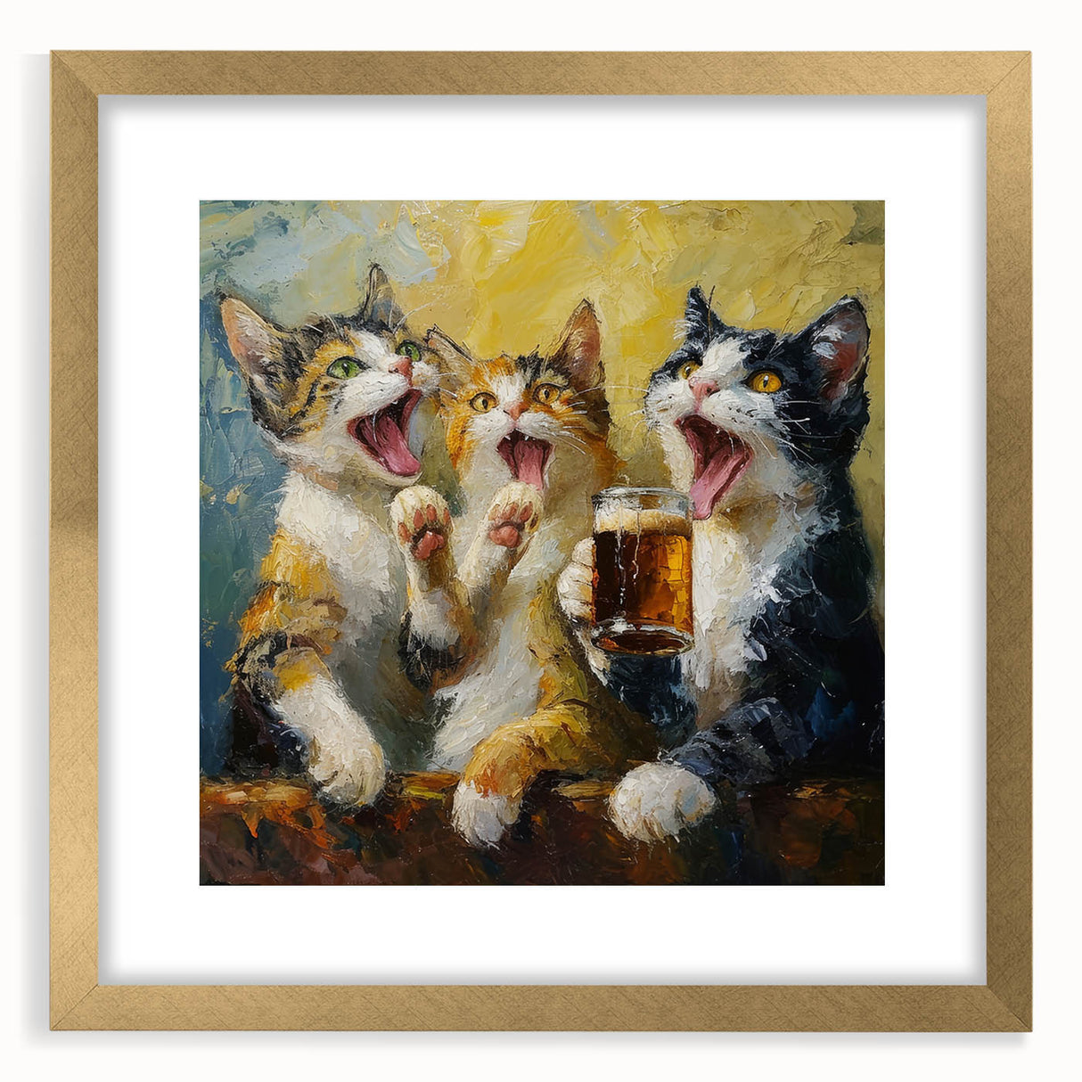 Framed wall art featuring a whimsical cat design in a gold frame, complete with a white mat. Ideal for animal lovers, adding charm to home decor.