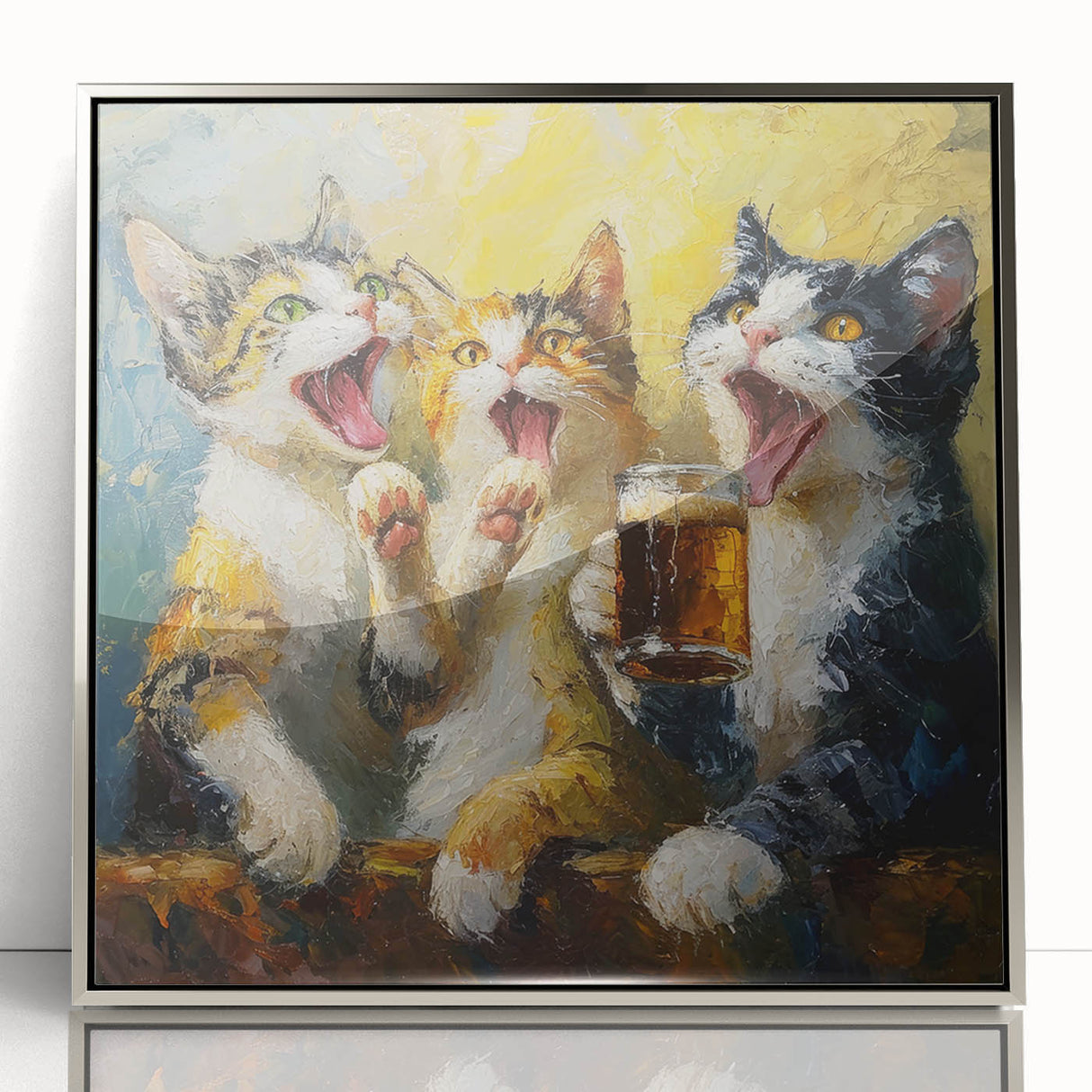 Framed acrylic wall art featuring a striking silver design of a wild cat, showcasing intricate details and vibrant colors, perfect for animal lovers and home decor enthusiasts.