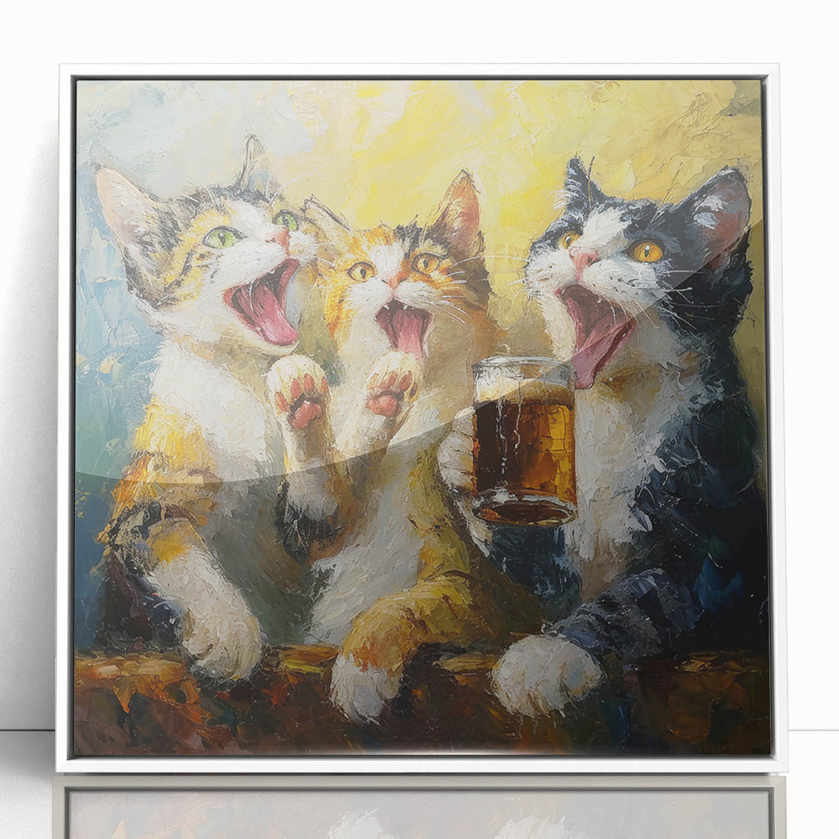 Framed acrylic wall art featuring a whimsical cat design, presented in a sleek white frame, showcasing vibrant colors and intricate details, perfect for animal lovers.