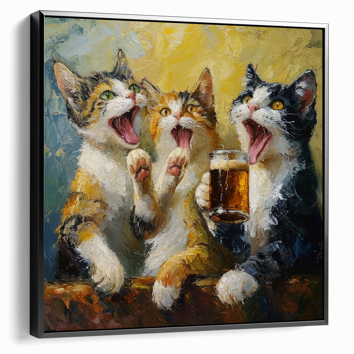 Framed wall art featuring a sleek black design showcasing a wild cat in a vibrant jungle setting, perfect for animal lovers and home decor enthusiasts.