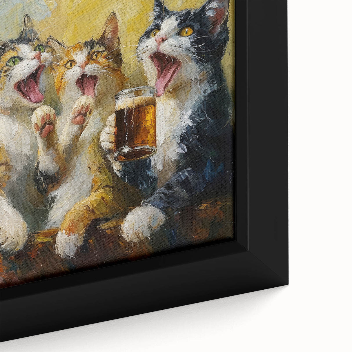 Close-up of a framed canvas wall art featuring a wild cat design, showcasing vibrant colors and intricate details, perfect for animal lovers' home decor.