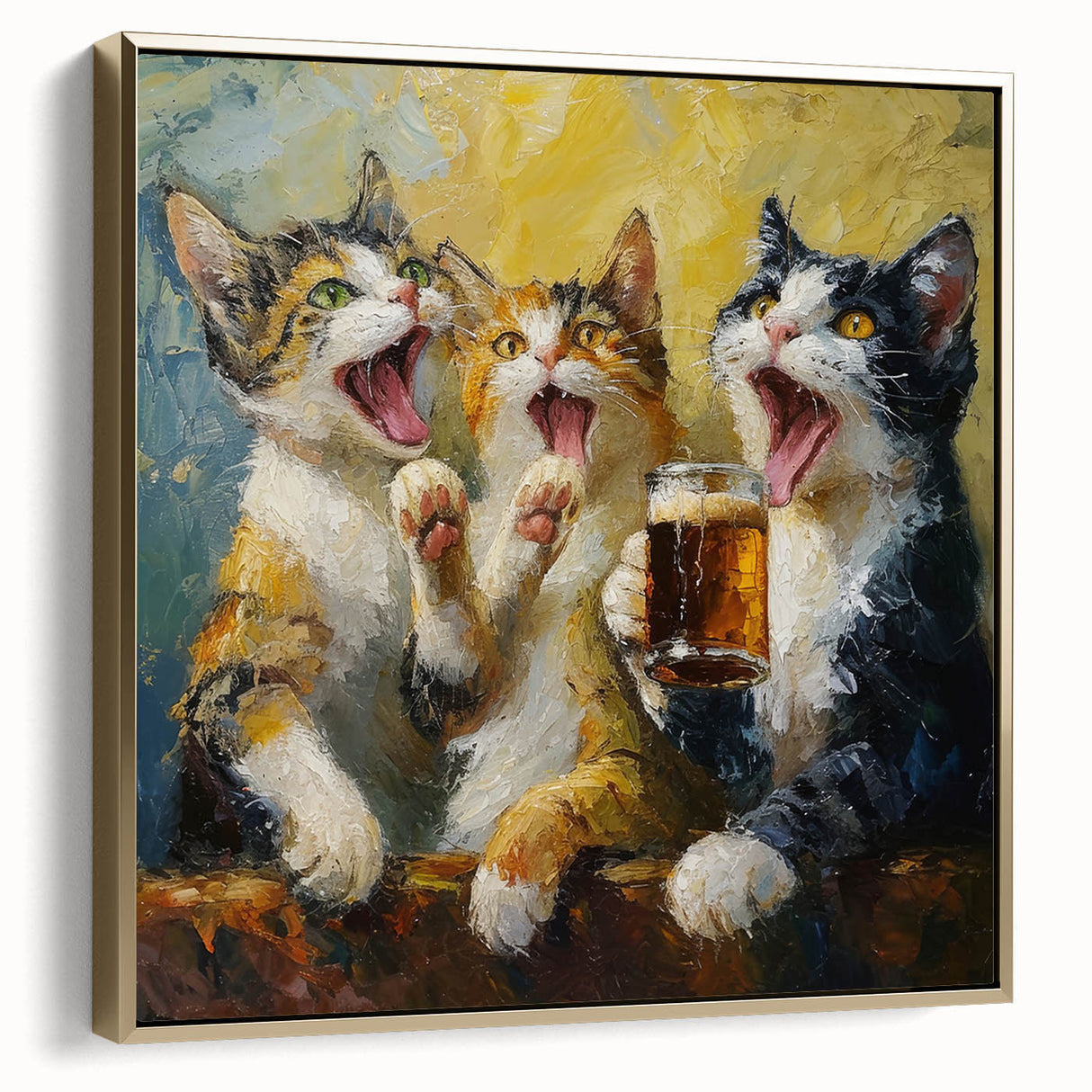 Framed wall art featuring a wild cat design in vibrant colors, showcasing intricate details and a gold frame, perfect for animal lovers and home decor enthusiasts.