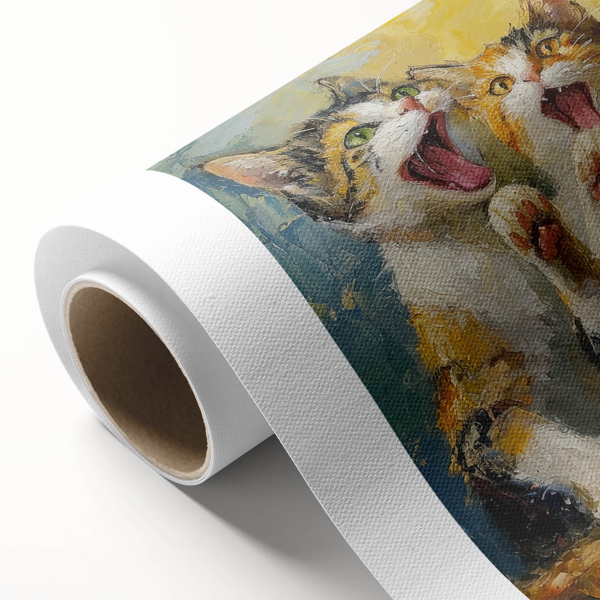Rolled canvas displaying a vibrant wildlife cat design, showcasing intricate details and bold colors, perfect for nature-themed home decor or art collections.