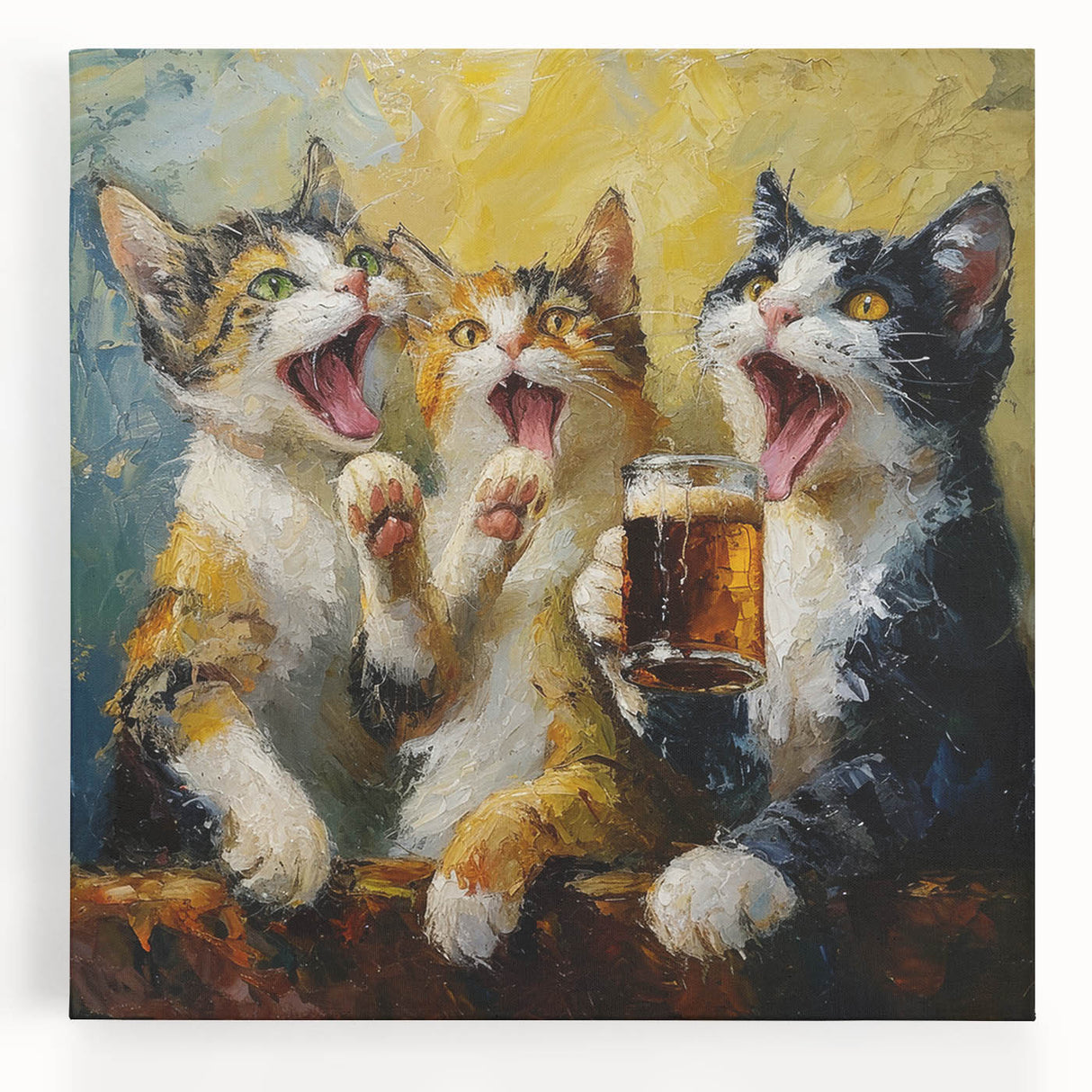 Vibrant stretched canvas wall art featuring a whimsical cat design against a colorful background, perfect for animal lovers and home decor enthusiasts.