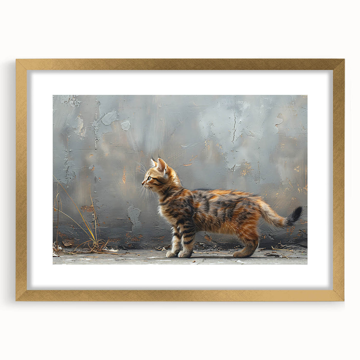 Gold-framed wall art collection showcasing a wild cat design, featuring intricate details and vibrant colors, ideal for animal lovers and home decor.