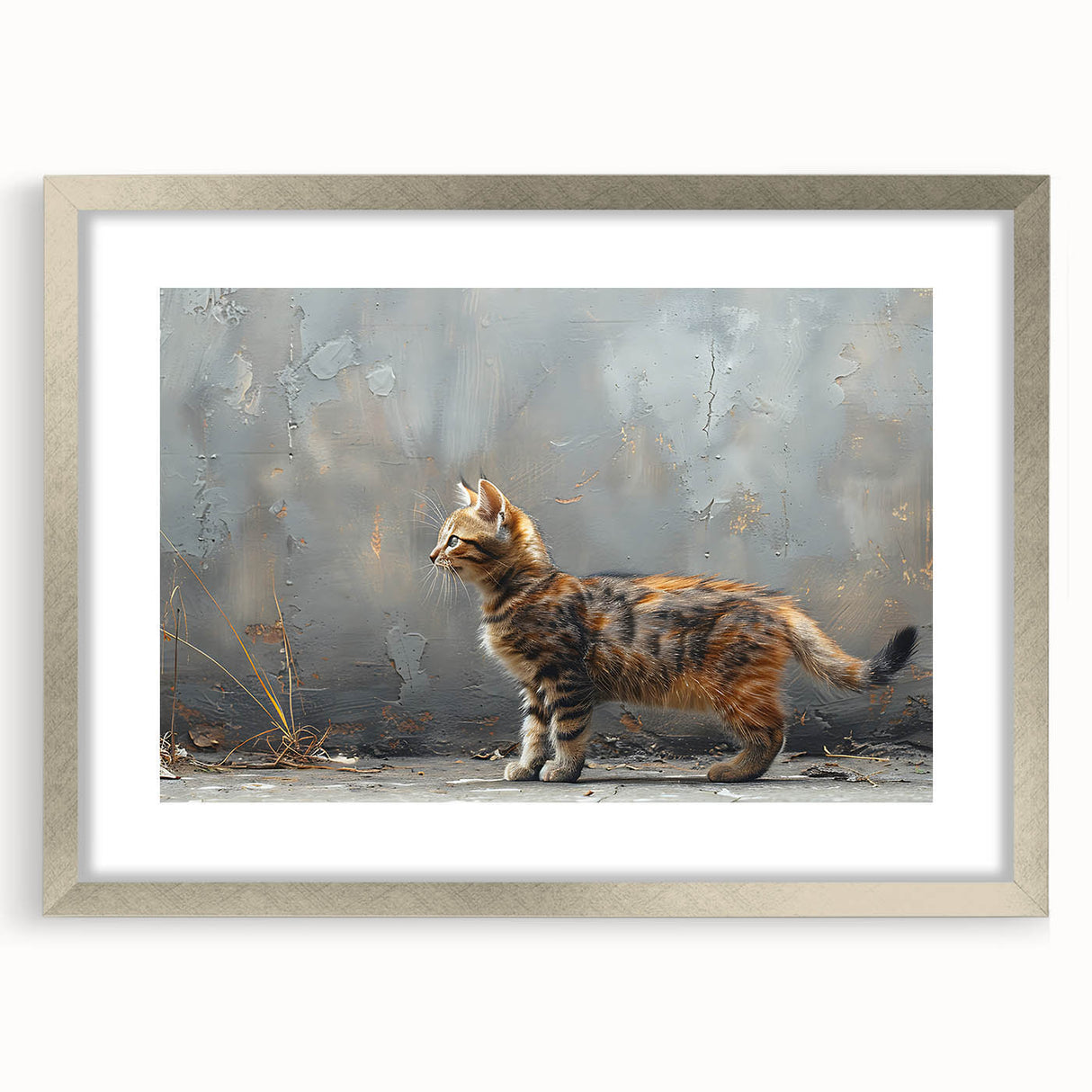 Framed wall art featuring a stylized silver cat design, set against a white mat background, ideal for adding a modern touch to home decor.