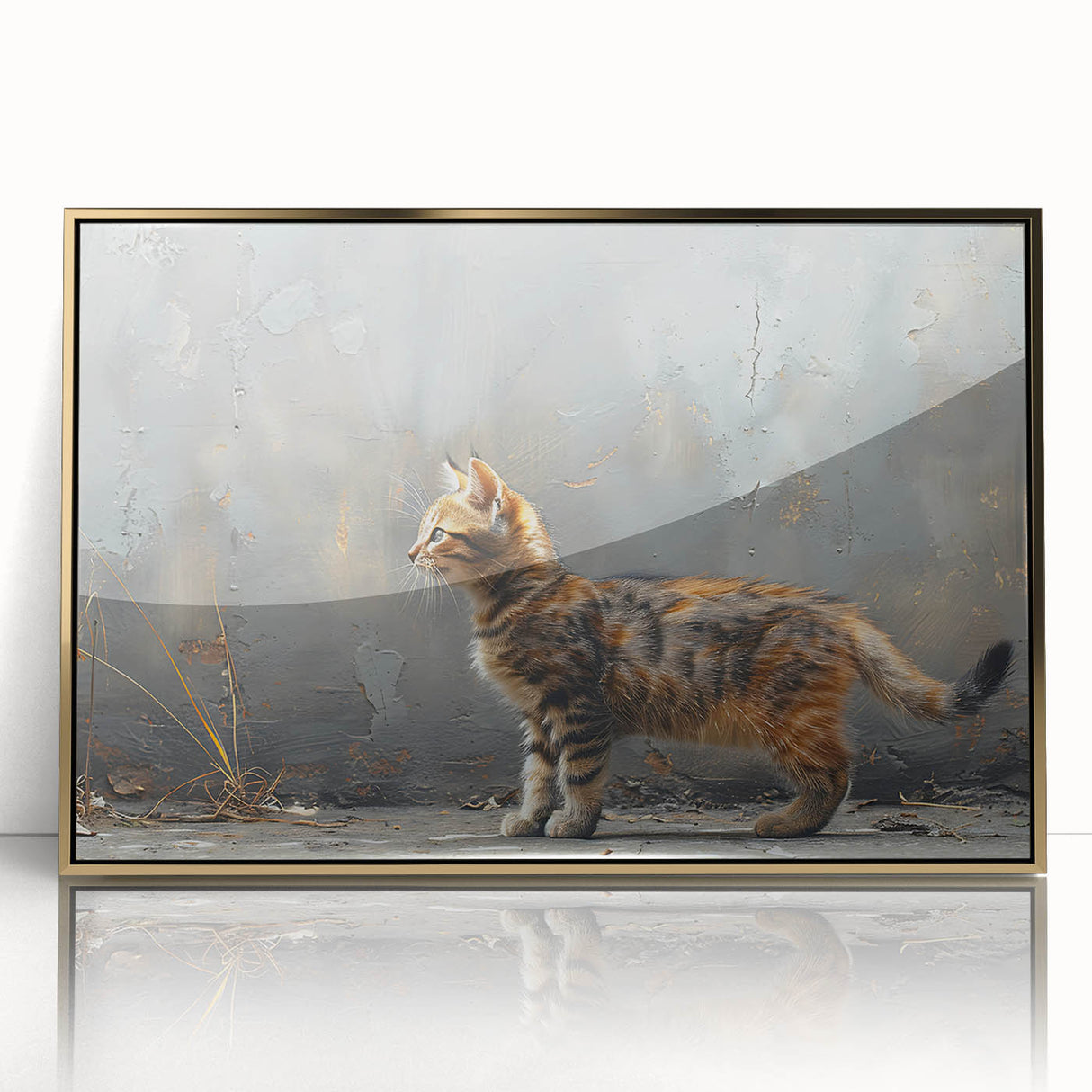Framed acrylic wall art showcasing a stylish wild cat design with gold accents, perfect for modern home decor. Ideal for animal lovers and art enthusiasts.