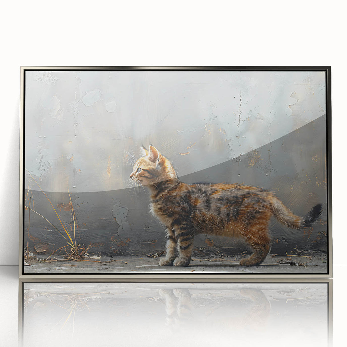 Framed wall art displaying a stylish cat design, featuring a sleek silver border and acrylic front, ideal for modern home decor and animal lovers.