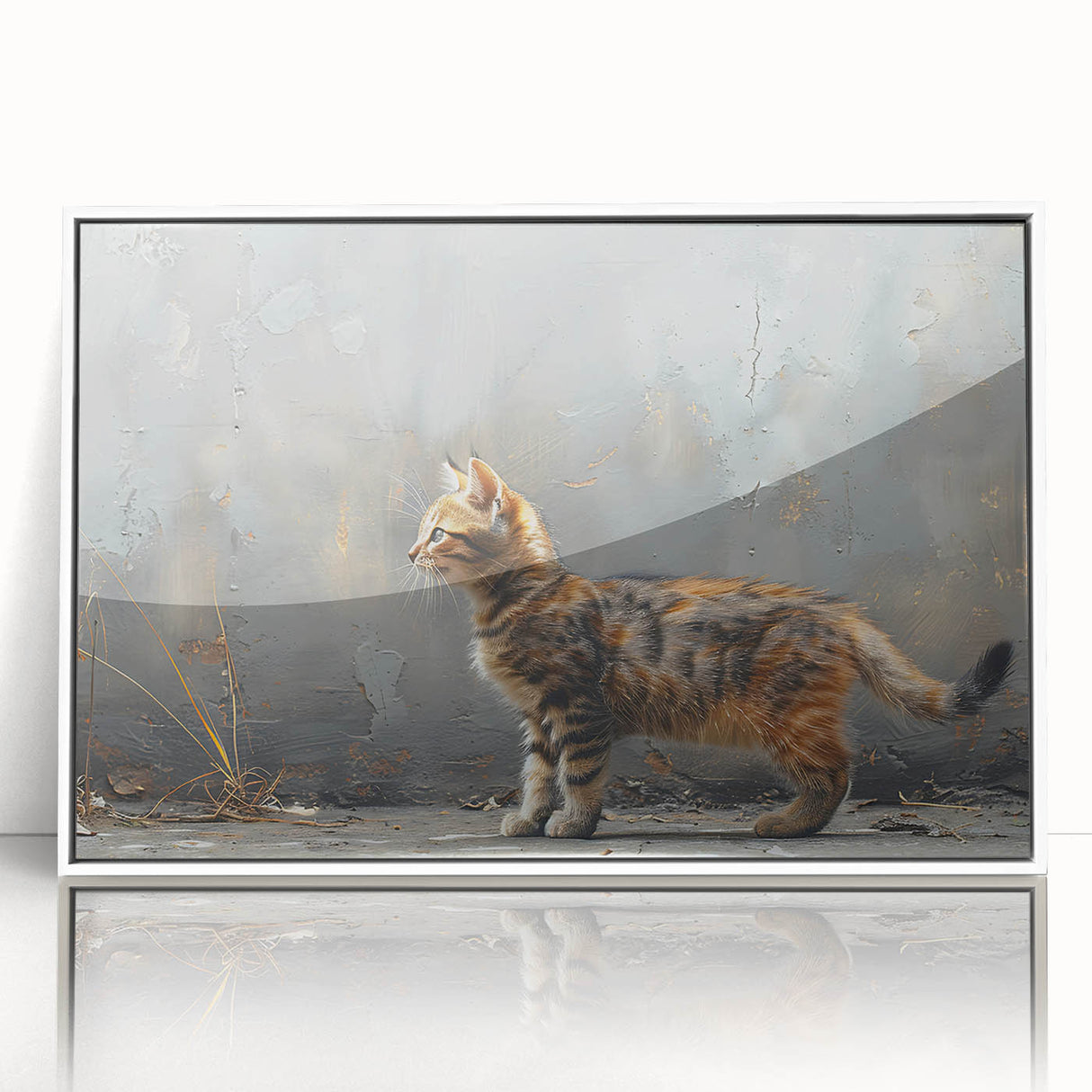 Framed wall art featuring a whimsical cat design with vibrant colors, set against a clean white background, ideal for animal lovers and modern decor.