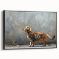Framed canvas wall art featuring a stylized cat design from the Wild Life collection, showcasing vibrant colors and a sleek black frame, perfect for animal lovers.