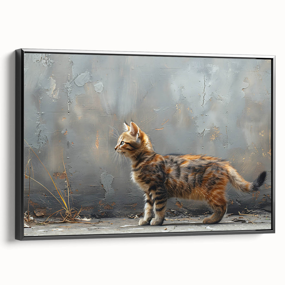 Framed canvas wall art featuring a stylized cat design from the Wild Life collection, showcasing vibrant colors and a sleek black frame, perfect for animal lovers.