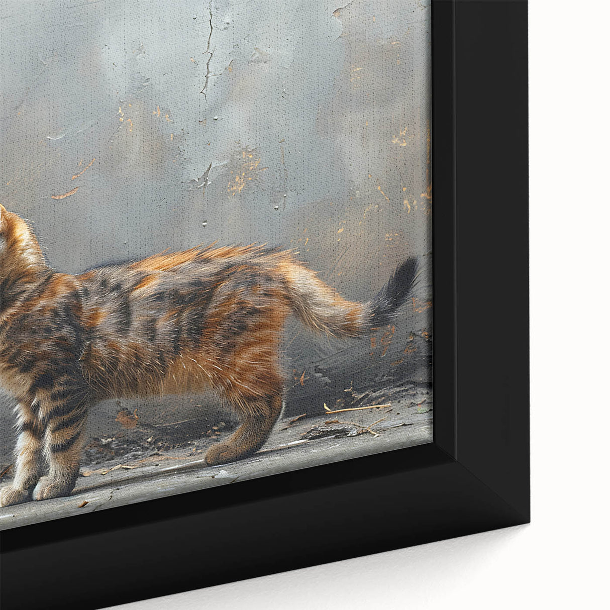 Close-up of a framed canvas wall art featuring a detailed illustration of a wild cat, showcasing vibrant colors and intricate patterns, perfect for animal lovers and home decor enthusiasts.