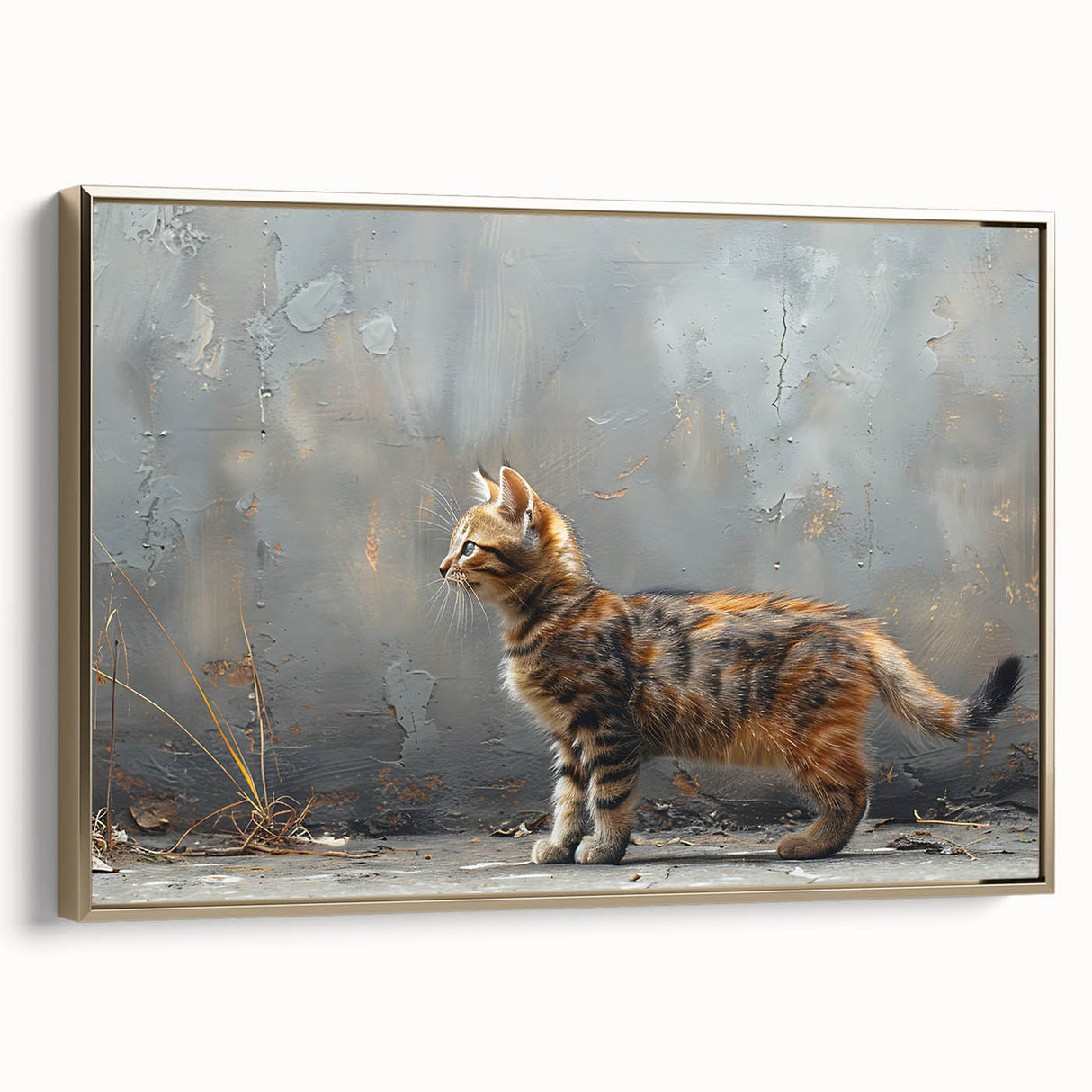 Framed canvas wall art featuring a whimsical cat design in vibrant colors, showcasing playful wildlife elements. The artwork is elegantly bordered in gold, adding a touch of sophistication, perfect for animal lovers and home decor enthusiasts.